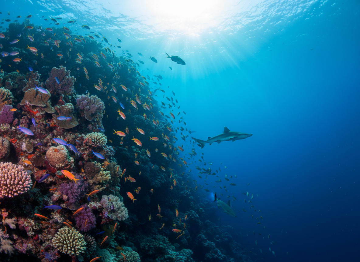 Underwater photograph at Ras Mohammed National Park, Red Sea, Egypt. Stunning wide-angle shot of vibrant coral reef walls dropping into deep blue water, colorful fish schools, sharks gliding past, crystal clear visibility, dramatic sunlight rays, professional underwater photography.