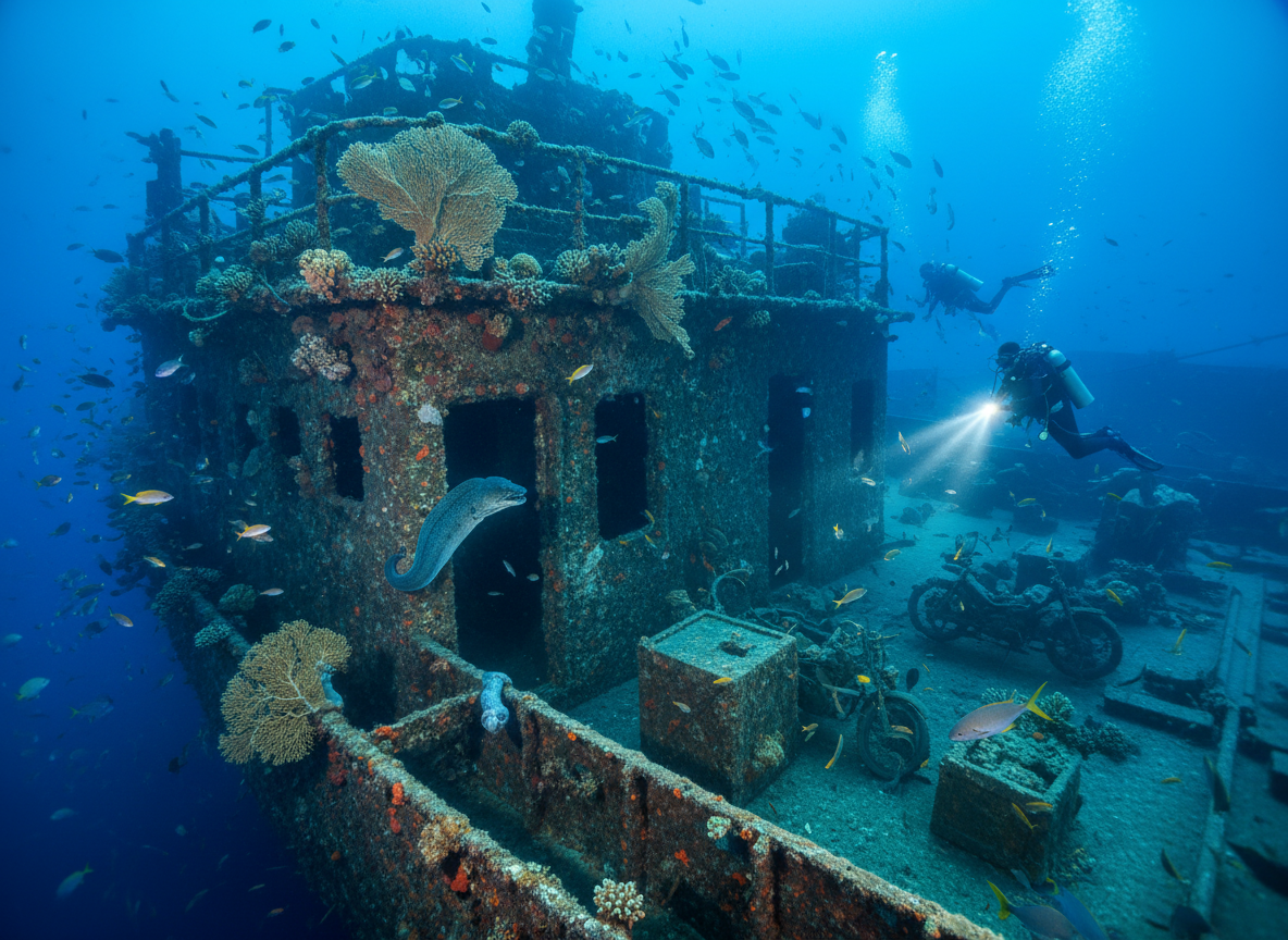 Dramatic underwater photograph of the SS Thistlegorm shipwreck in the Red Sea, divers exploring the massive WWII cargo ship wreck covered in coral, moray eels and fish swimming through the rusted hull, deep blue water, atmospheric lighting